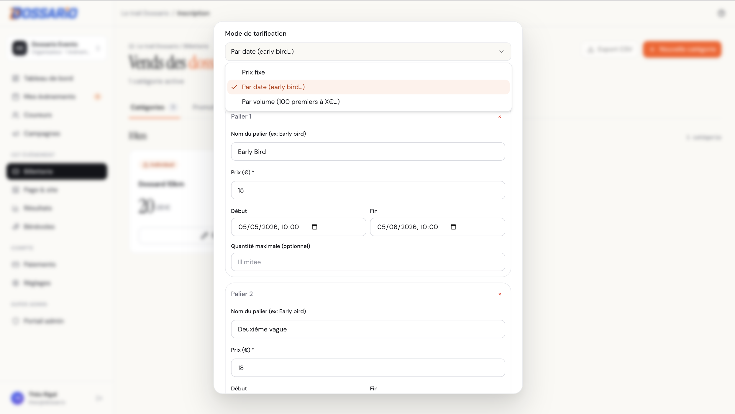 Modale Mode de tarification avec paliers configurés