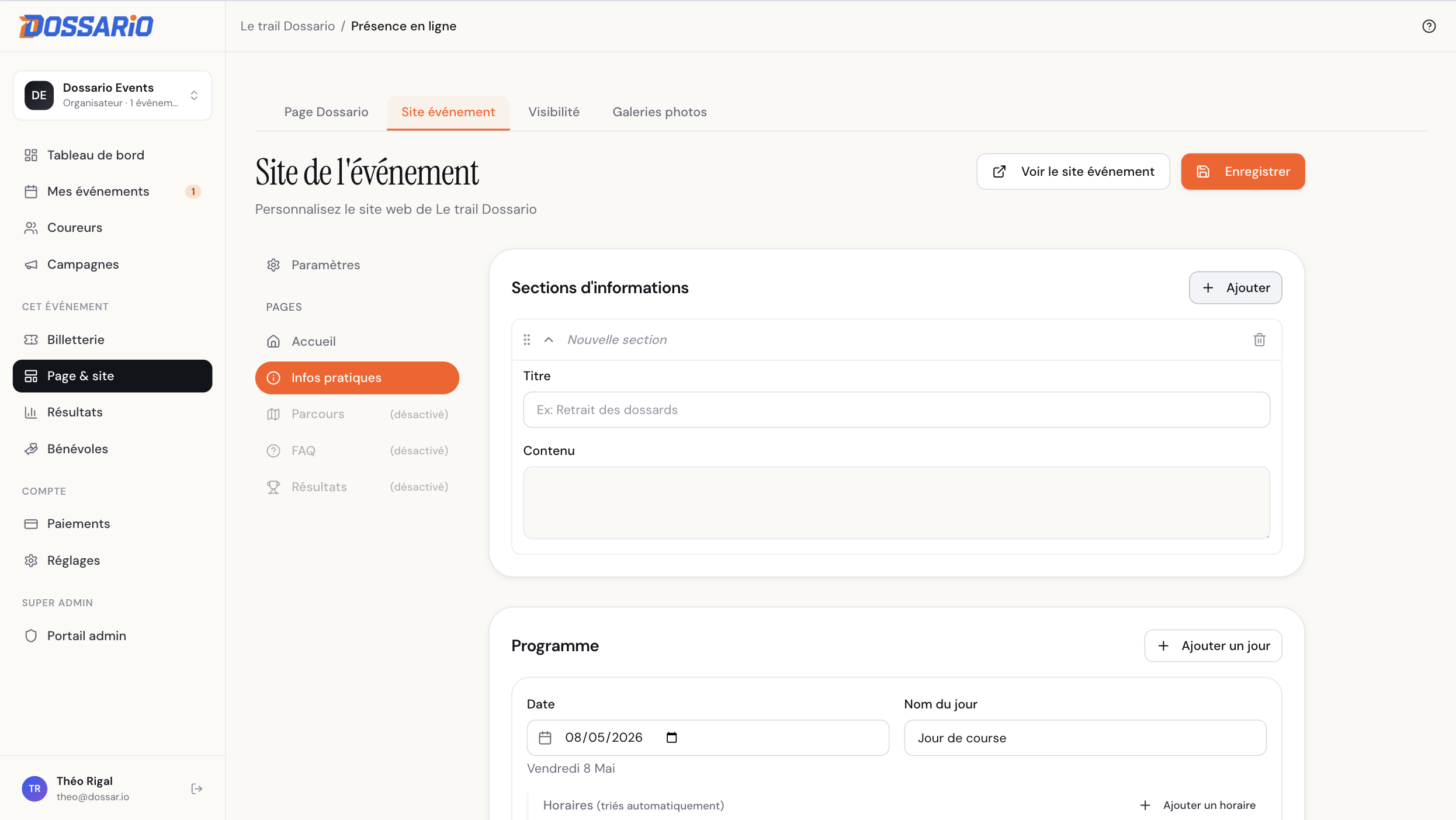 Item Infos pratiques ouvert avec champs titre et contenu