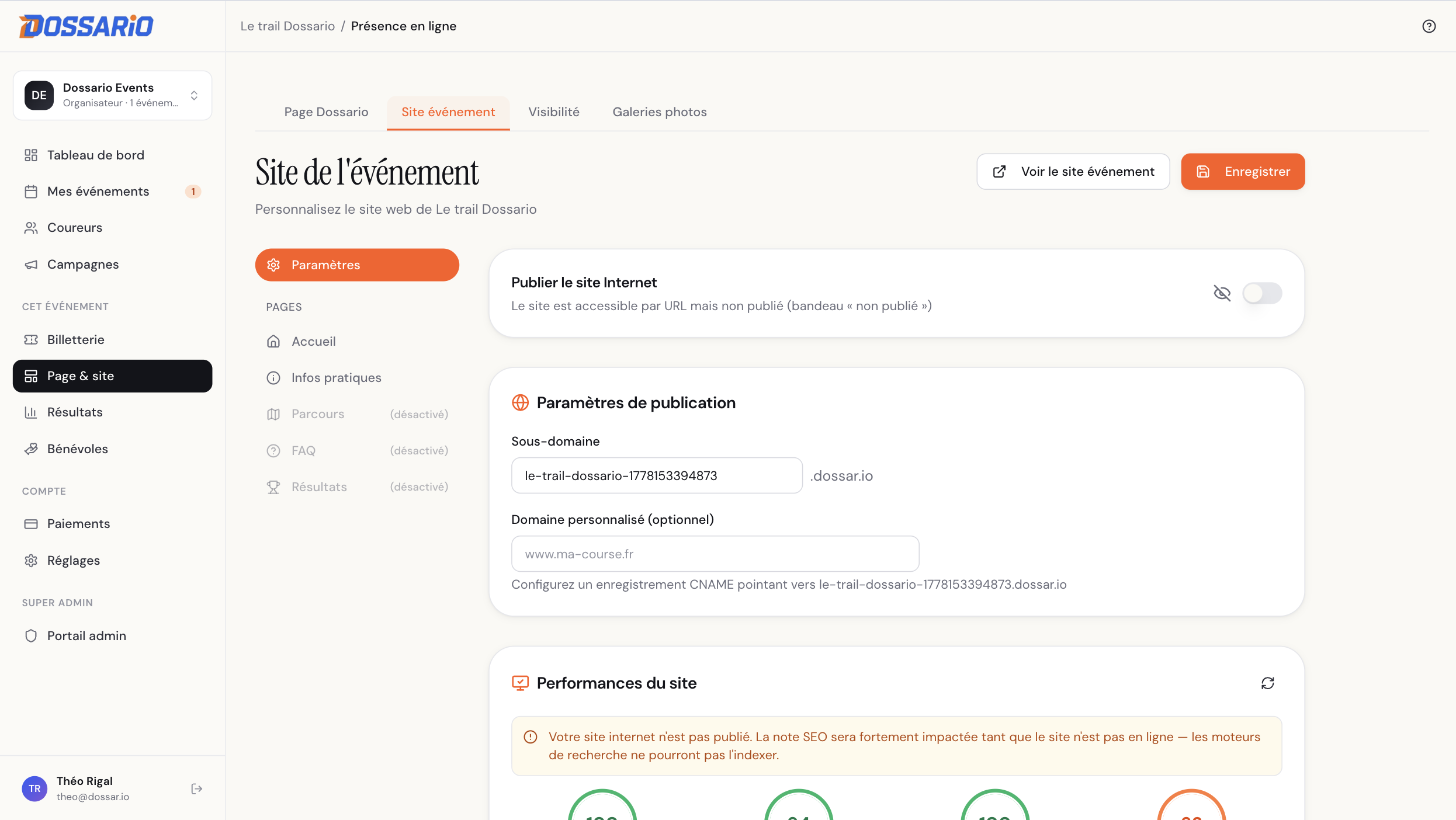 Onglet Site événement avec ses paramètres